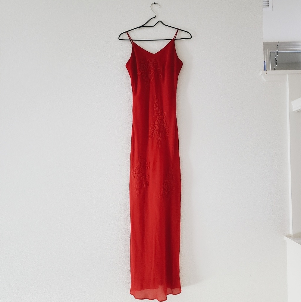 Long red formal dress with sequins